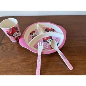 Disney Minnie Mouse Dinnerware Set Bamboo Fiber Kids Plate Cup Utensils